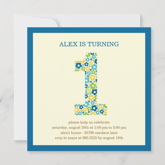 Flower Power First Birthday Invitation - Blue (Front)