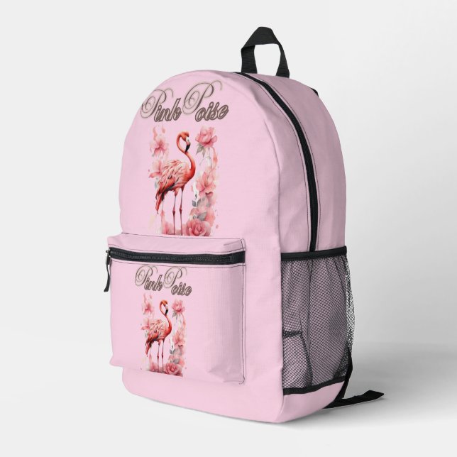 Flower Power Flamingo | Pink & Floral Design Printed Backpack (Back Corner Right)