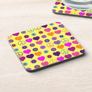 Flower Power Heart Peace Pattern + your backgr. Coaster