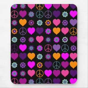 Flower Power Heart Peace Pattern + your backgr. Mouse Pad