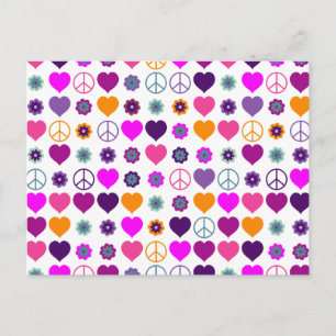 Flower Power Heart Peace Pattern + your backgr. Postcard