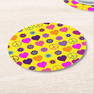 Flower Power Heart Peace Pattern + your backgr. Round Paper Coaster
