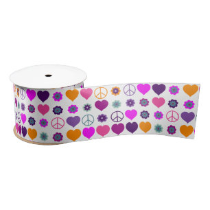 Flower Power Heart Peace Pattern + your backgr. Satin Ribbon