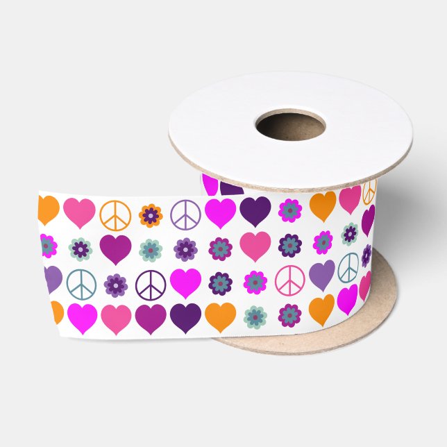 Flower Power Heart Peace Pattern + your backgr. Satin Ribbon (Spool)