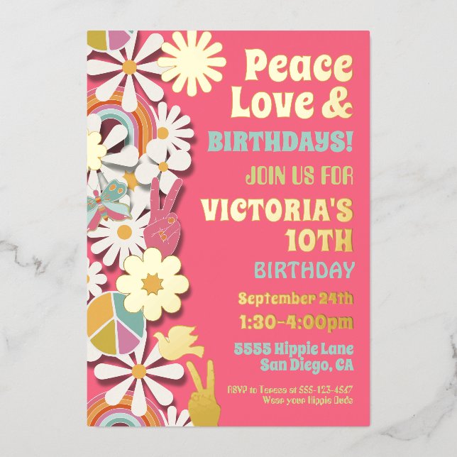 Flower Power Hippie Birthday Party Foil Invitation (Front)