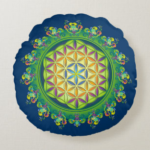 Flower Power of Life / Blume des Lebens - green Round Cushion