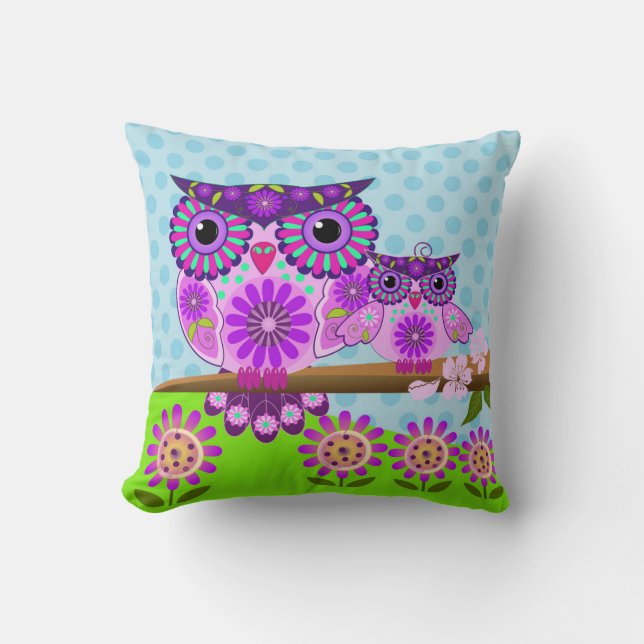 Flower power Owl and her owlet Cushion (Front)