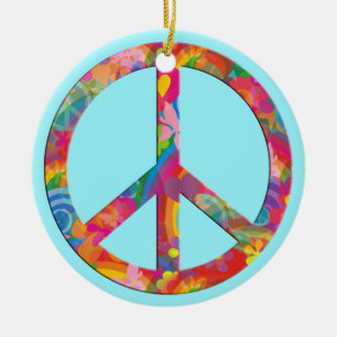 Flower Power Peace cyan Ceramic Tree Decoration