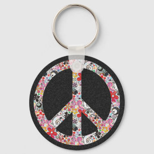 Flower Power Peace I   black splatter Key Ring