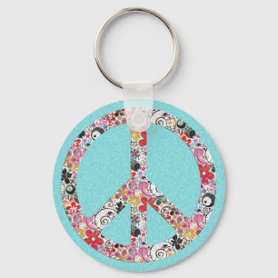 Flower Power Peace I   cyan splatter Key Ring