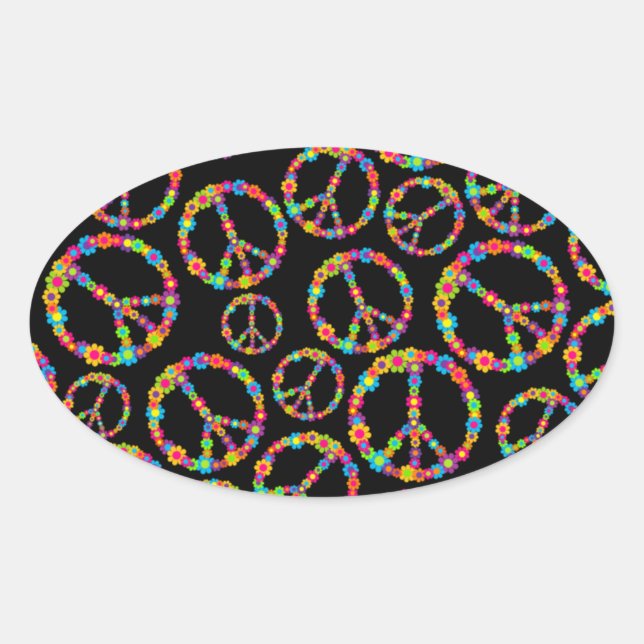 Flower Power Peace Signs Oval Sticker (Front)