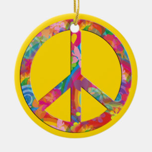 Flower Power Peace   yellow Ceramic Tree Decoration