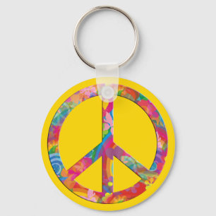 Flower Power Peace yellow Key Ring