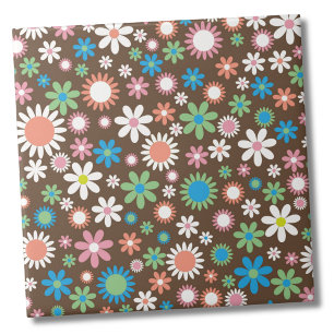 Flower Power Print - Brown Blue Green White Flower Tile
