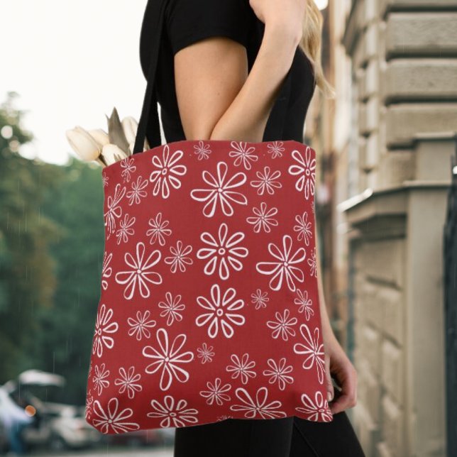 Flower Power Red and White Retro Floral Tote Bag (Creator Uploaded)
