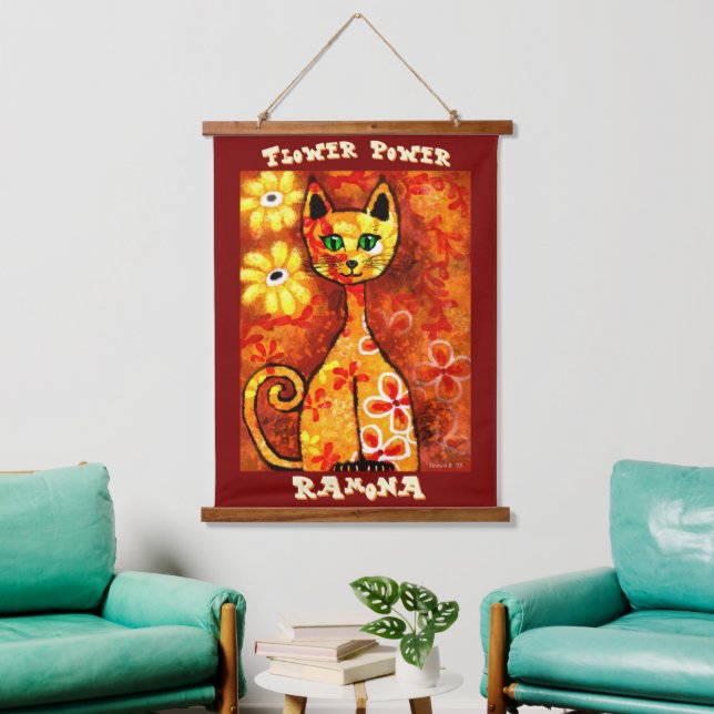 Flower Power Retro Whimsical Cat Personalised Hanging Tapestry (Living Room)