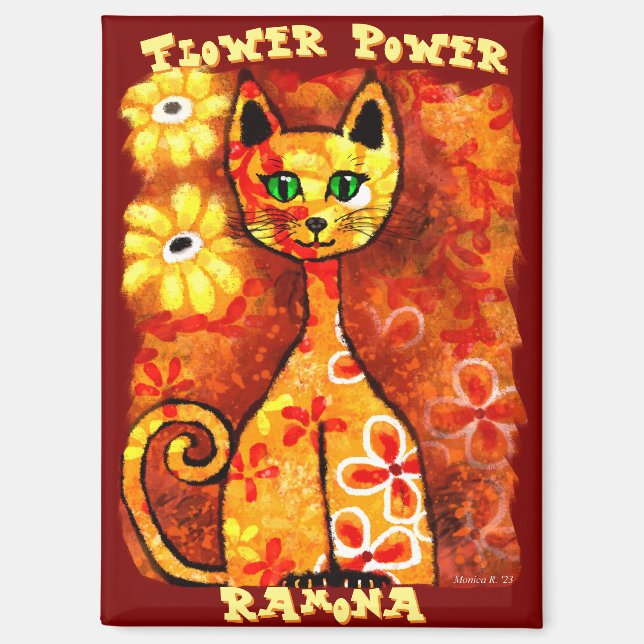 Flower Power Retro Whimsical Cat Personalised Magnet (Front)