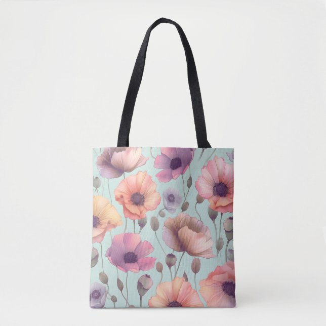 Flower power with pastel poppy patterns tote bag (Front)
