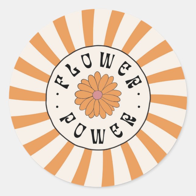 Flower Power with Psychedelic Orange Rays Classic Round Sticker (Front)