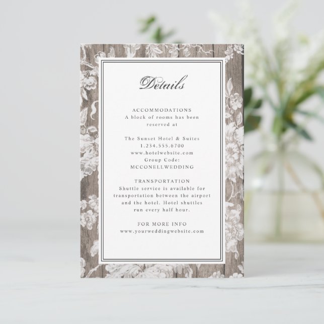 flower print on rustic wood wedding details card (Standing Front)