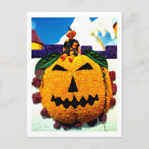 Flower pumpkin with witch postcard