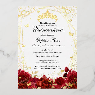 Flower Red Gold Tiara Quinceanera