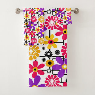Flower retro, bright retro, floral, red and yellow bath towel set