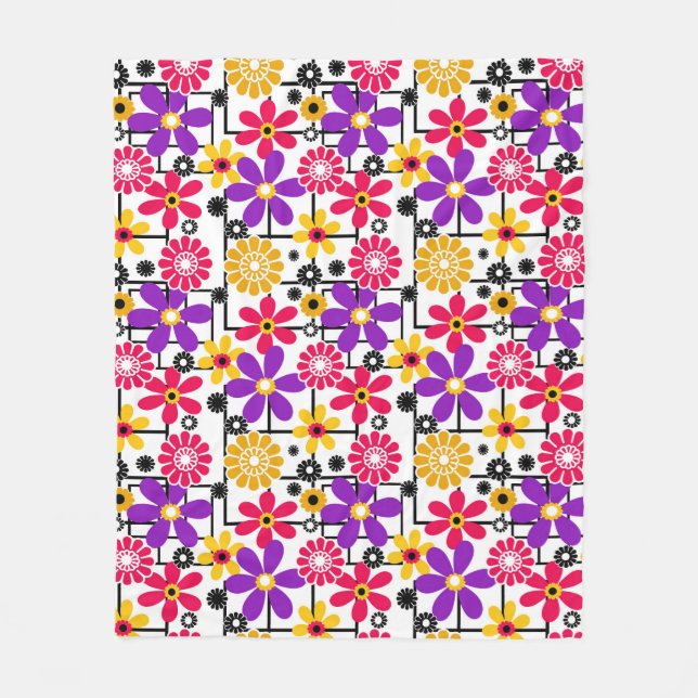 Flower retro, bright retro, floral, red and yellow fleece blanket (Front)