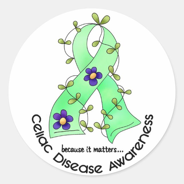 Flower Ribbon CELIAC DISEASE AWARENESS T-Shirts Classic Round Sticker (Front)