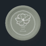 Flower Sage Green Wedding Paper Plate<br><div class="desc">White line art flower botanical illustration with white text and hand drawn border over Sage Green background.</div>