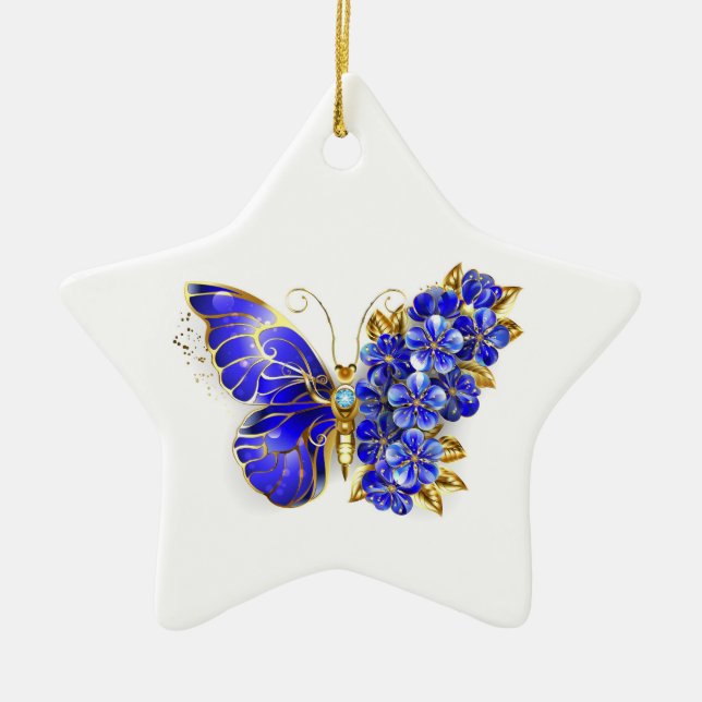 Flower Sapphire Butterfly Ceramic Tree Decoration (Front)