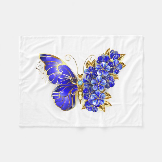 Flower Sapphire Butterfly Fleece Blanket (Front (Horizontal))