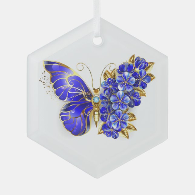 Flower Sapphire Butterfly Glass Tree Decoration (Front)