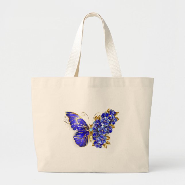 Flower Sapphire Butterfly Large Tote Bag (Front)