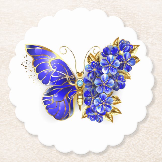 Flower Sapphire Butterfly Paper Coaster (Front)