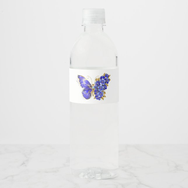 Flower Sapphire Butterfly Water Bottle Label (Front)