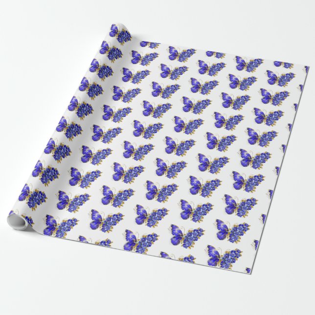 Flower Sapphire Butterfly Wrapping Paper (Unrolled)