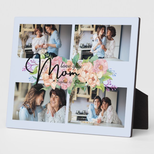 Flower Script Love You Mum 4 Photo Collage Plaque (Side)