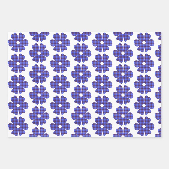 Flower Shape Plaid Blue Cornflower Wrapping Paper Sheet (Front)