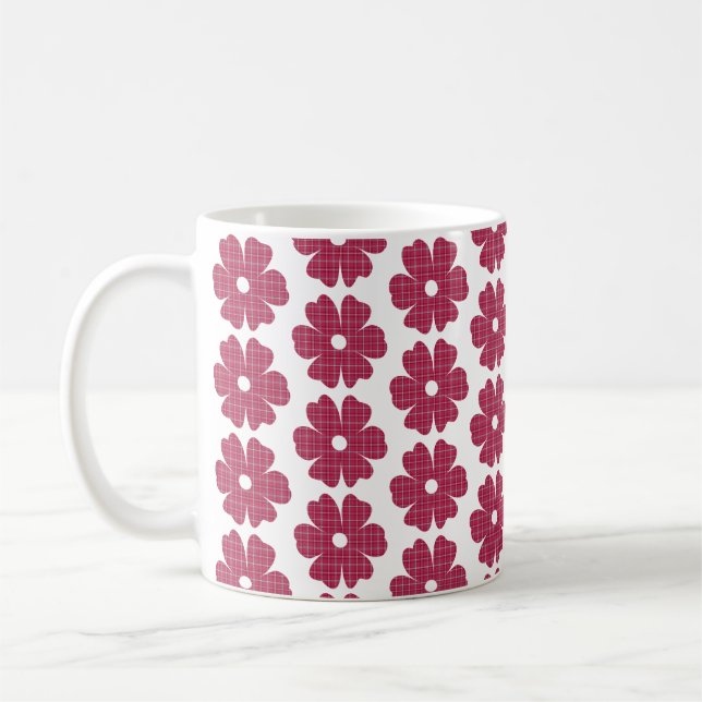 Flower Shape Plaid Red Pink Coffee Mug (Left)