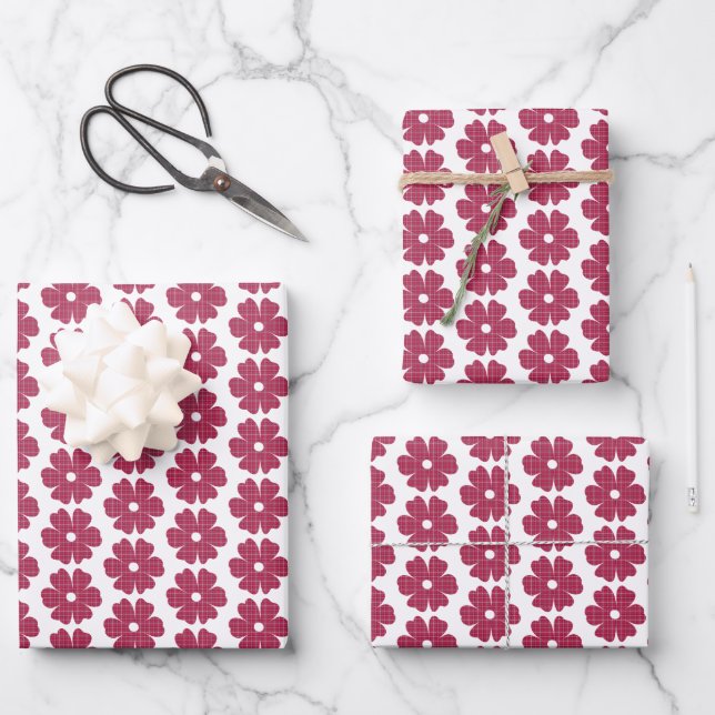 Flower Shape Plaid Red Pink Purple Wrapping Paper Sheet (Front)