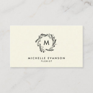 Flower Shop Monogram Wreath Cream and Black Business Card