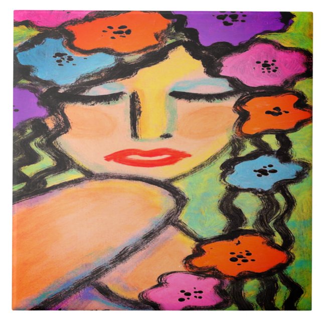 Flower Shower Abstract Portrait of a Woman Tile (Front)