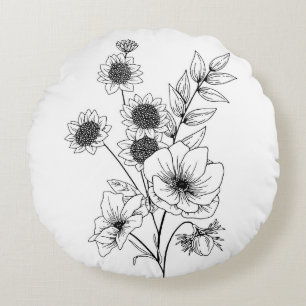 Flower sketch round cushion