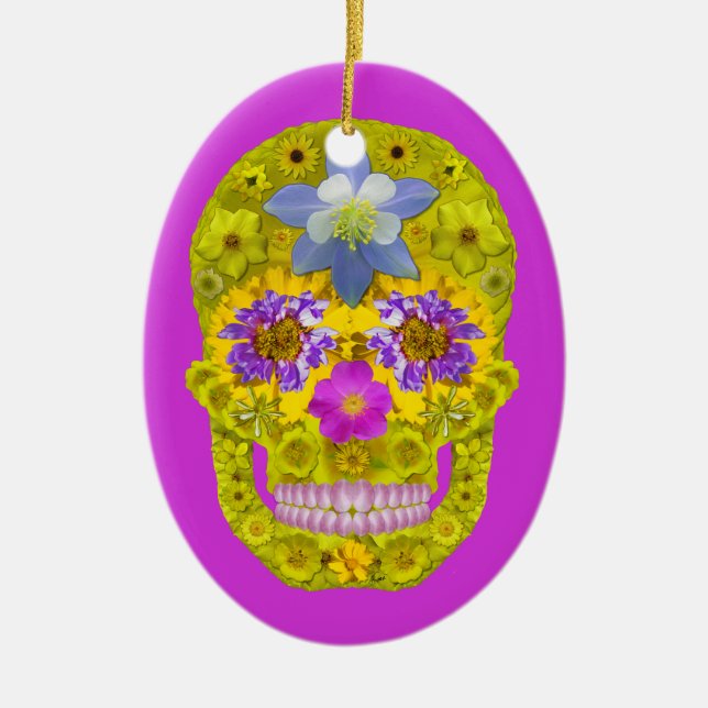 Flower Skull 3 Ceramic Tree Decoration (Front)