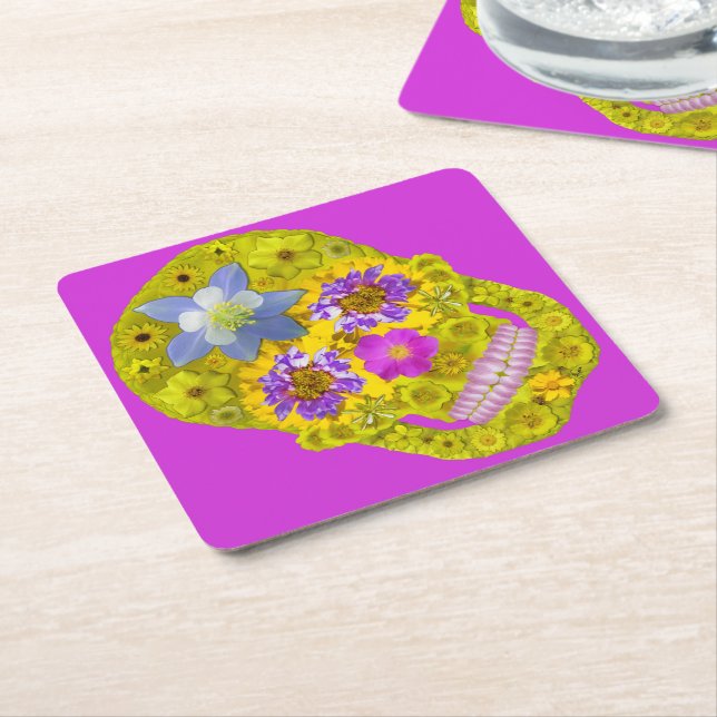 Flower Skull 3 Square Paper Coaster (Angled)