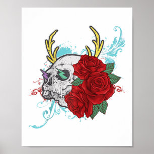 Flower Skull And Rose Tattoo Art Graphic Floral Go Poster