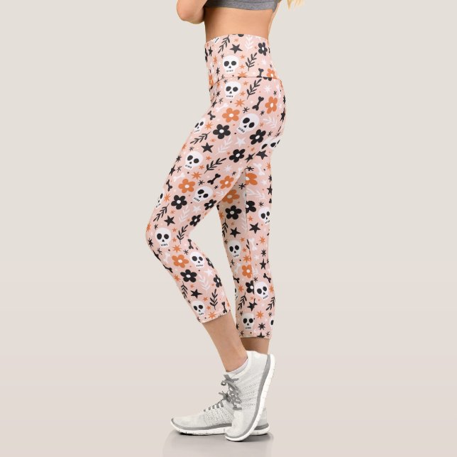Flower Skull Pattern Capri Leggings (Left)