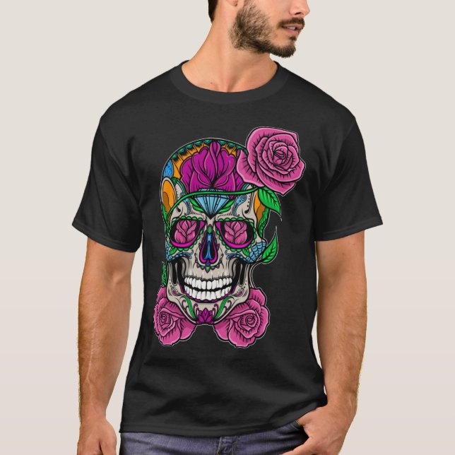 Flower Skull Sugar Roses Floral Skeleton Cute Punk T-Shirt (Front)