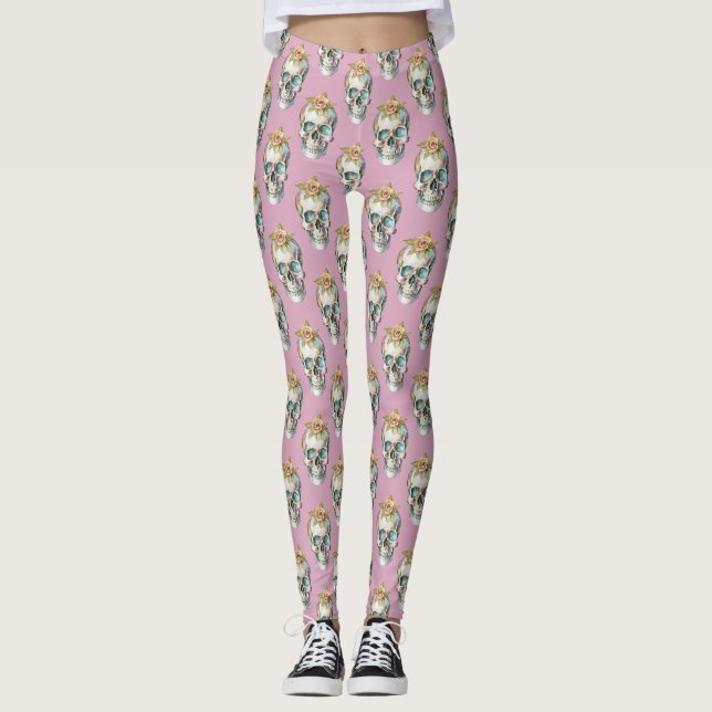 Flower Skulls - Dusty Rose - Leggings (Front)